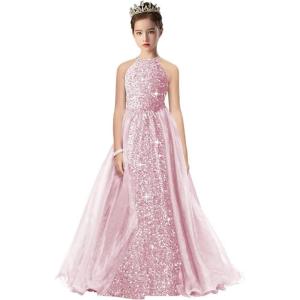 imageHalter Pageant Gowns Girls Sparkly Sequin Ball Gown Flower Girl Dresses with Tulle Cape Kids Toddle DressDusty Pink