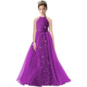 imageHalter Pageant Gowns Girls Sparkly Sequin Ball Gown Flower Girl Dresses with Tulle Cape Kids Toddle DressFuchsia
