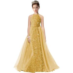 imageHalter Pageant Gowns Girls Sparkly Sequin Ball Gown Flower Girl Dresses with Tulle Cape Kids Toddle DressGold