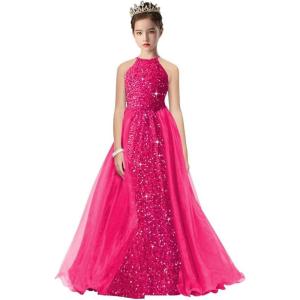 imageHalter Pageant Gowns Girls Sparkly Sequin Ball Gown Flower Girl Dresses with Tulle Cape Kids Toddle DressHot Pink