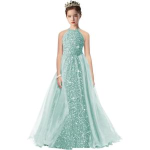 imageHalter Pageant Gowns Girls Sparkly Sequin Ball Gown Flower Girl Dresses with Tulle Cape Kids Toddle DressIce Blue