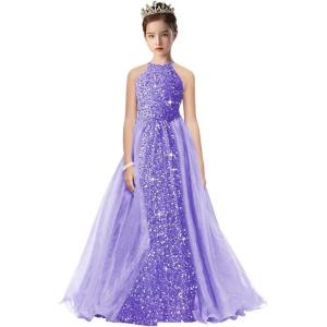 imageHalter Pageant Gowns Girls Sparkly Sequin Ball Gown Flower Girl Dresses with Tulle Cape Kids Toddle DressLavender