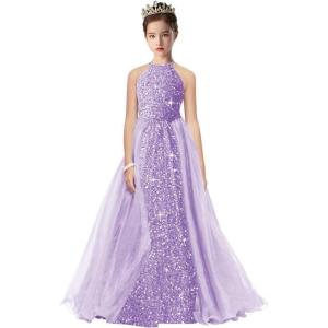imageHalter Pageant Gowns Girls Sparkly Sequin Ball Gown Flower Girl Dresses with Tulle Cape Kids Toddle DressLilac