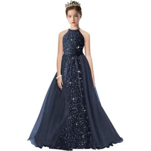 imageHalter Pageant Gowns Girls Sparkly Sequin Ball Gown Flower Girl Dresses with Tulle Cape Kids Toddle DressNavy Blue