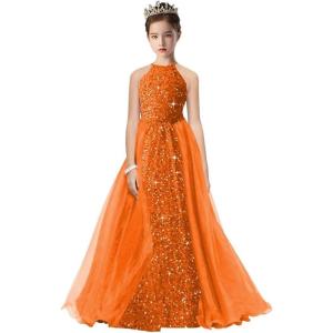 imageHalter Pageant Gowns Girls Sparkly Sequin Ball Gown Flower Girl Dresses with Tulle Cape Kids Toddle DressOrange