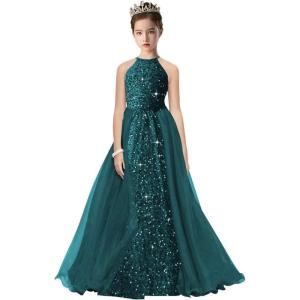 imageHalter Pageant Gowns Girls Sparkly Sequin Ball Gown Flower Girl Dresses with Tulle Cape Kids Toddle DressPeacock