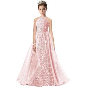 imageHalter Pageant Gowns Girls Sparkly Sequin Ball Gown Flower Girl Dresses with Tulle Cape Kids Toddle DressPink