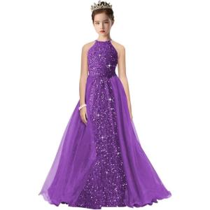 imageHalter Pageant Gowns Girls Sparkly Sequin Ball Gown Flower Girl Dresses with Tulle Cape Kids Toddle DressPurple