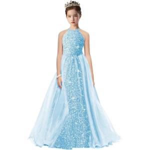 imageHalter Pageant Gowns Girls Sparkly Sequin Ball Gown Flower Girl Dresses with Tulle Cape Kids Toddle DressSky Blue