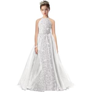 imageHalter Pageant Gowns Girls Sparkly Sequin Ball Gown Flower Girl Dresses with Tulle Cape Kids Toddle DressWhite