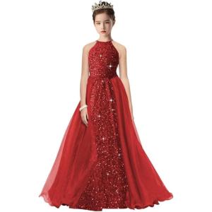 imageHalter Pageant Gowns Girls Sparkly Sequin Ball Gown Flower Girl Dresses with Tulle Cape Kids Toddle DressWine Red