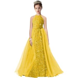 imageHalter Pageant Gowns Girls Sparkly Sequin Ball Gown Flower Girl Dresses with Tulle Cape Kids Toddle DressYellow