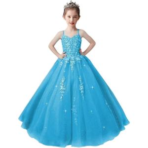 imageLace Applique Tulle Pageant Gowns for Girls Ball Gown Flower Girl Dress Princess Toddler Kids Prom DressBlue