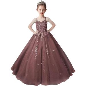 imageLace Applique Tulle Pageant Gowns for Girls Ball Gown Flower Girl Dress Princess Toddler Kids Prom DressBurgundy
