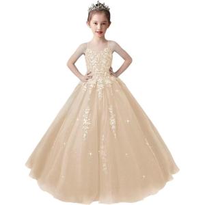 imageLace Applique Tulle Pageant Gowns for Girls Ball Gown Flower Girl Dress Princess Toddler Kids Prom DressChampagne