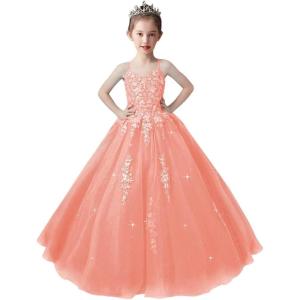 imageLace Applique Tulle Pageant Gowns for Girls Ball Gown Flower Girl Dress Princess Toddler Kids Prom DressCoral