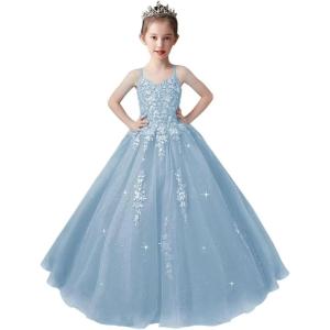 imageLace Applique Tulle Pageant Gowns for Girls Ball Gown Flower Girl Dress Princess Toddler Kids Prom DressDusty Blue