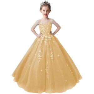 imageLace Applique Tulle Pageant Gowns for Girls Ball Gown Flower Girl Dress Princess Toddler Kids Prom DressGold