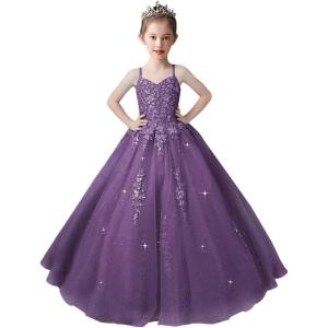 imageLace Applique Tulle Pageant Gowns for Girls Ball Gown Flower Girl Dress Princess Toddler Kids Prom DressGrape