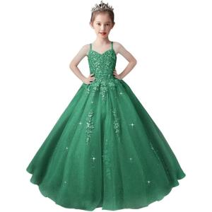 imageLace Applique Tulle Pageant Gowns for Girls Ball Gown Flower Girl Dress Princess Toddler Kids Prom DressGreen