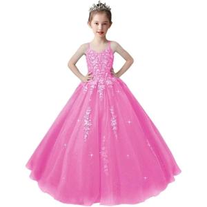 imageLace Applique Tulle Pageant Gowns for Girls Ball Gown Flower Girl Dress Princess Toddler Kids Prom DressHot Pink