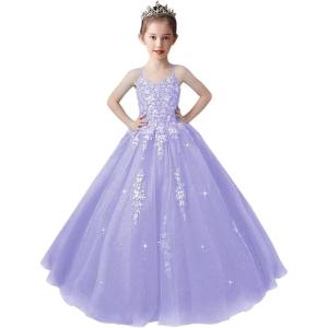 imageLace Applique Tulle Pageant Gowns for Girls Ball Gown Flower Girl Dress Princess Toddler Kids Prom DressLavender