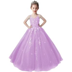 imageLace Applique Tulle Pageant Gowns for Girls Ball Gown Flower Girl Dress Princess Toddler Kids Prom DressLilac