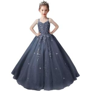 imageLace Applique Tulle Pageant Gowns for Girls Ball Gown Flower Girl Dress Princess Toddler Kids Prom DressNavy Blue