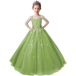 imageLace Applique Tulle Pageant Gowns for Girls Ball Gown Flower Girl Dress Princess Toddler Kids Prom DressOlive