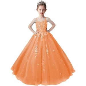 imageLace Applique Tulle Pageant Gowns for Girls Ball Gown Flower Girl Dress Princess Toddler Kids Prom DressOrange