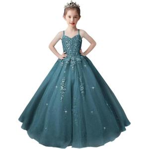 imageLace Applique Tulle Pageant Gowns for Girls Ball Gown Flower Girl Dress Princess Toddler Kids Prom DressPeacock