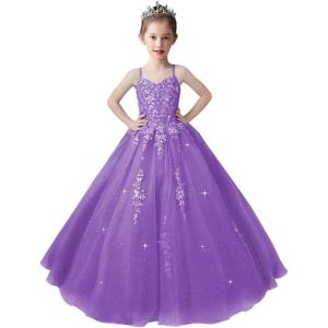 imageLace Applique Tulle Pageant Gowns for Girls Ball Gown Flower Girl Dress Princess Toddler Kids Prom DressPurple