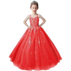 imageLace Applique Tulle Pageant Gowns for Girls Ball Gown Flower Girl Dress Princess Toddler Kids Prom DressRed