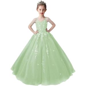 imageLace Applique Tulle Pageant Gowns for Girls Ball Gown Flower Girl Dress Princess Toddler Kids Prom DressSage