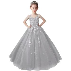 imageLace Applique Tulle Pageant Gowns for Girls Ball Gown Flower Girl Dress Princess Toddler Kids Prom DressSilver