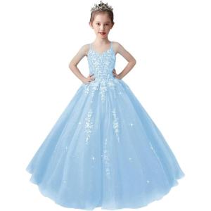 imageLace Applique Tulle Pageant Gowns for Girls Ball Gown Flower Girl Dress Princess Toddler Kids Prom DressSky Blue