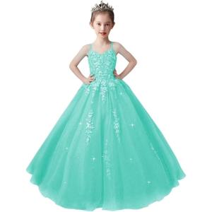 imageLace Applique Tulle Pageant Gowns for Girls Ball Gown Flower Girl Dress Princess Toddler Kids Prom DressTurquoise