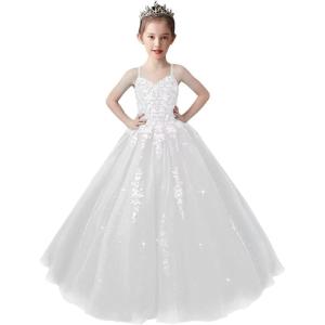 imageLace Applique Tulle Pageant Gowns for Girls Ball Gown Flower Girl Dress Princess Toddler Kids Prom DressWhite