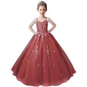 imageLace Applique Tulle Pageant Gowns for Girls Ball Gown Flower Girl Dress Princess Toddler Kids Prom DressWine Red