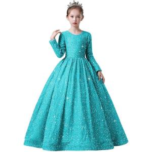 imageLong Sleeve Sequin Pageant Dress Sparkly Flower Girl Dresses for Wedding Prom Kids Princess Ball GownAqua