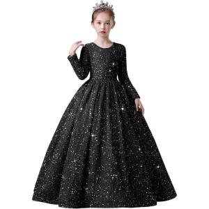 imageLong Sleeve Sequin Pageant Dress Sparkly Flower Girl Dresses for Wedding Prom Kids Princess Ball GownBlack