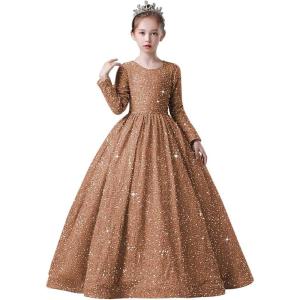 imageLong Sleeve Sequin Pageant Dress Sparkly Flower Girl Dresses for Wedding Prom Kids Princess Ball GownBrown