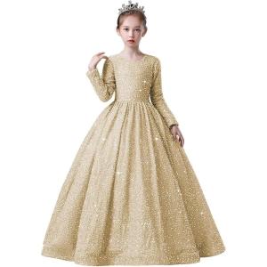 imageLong Sleeve Sequin Pageant Dress Sparkly Flower Girl Dresses for Wedding Prom Kids Princess Ball GownChampagne