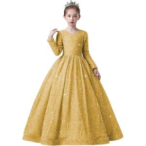 imageLong Sleeve Sequin Pageant Dress Sparkly Flower Girl Dresses for Wedding Prom Kids Princess Ball GownGold