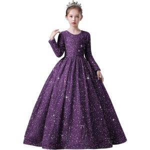 imageLong Sleeve Sequin Pageant Dress Sparkly Flower Girl Dresses for Wedding Prom Kids Princess Ball GownGrape