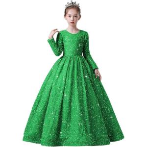 imageLong Sleeve Sequin Pageant Dress Sparkly Flower Girl Dresses for Wedding Prom Kids Princess Ball GownGreen