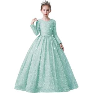 imageLong Sleeve Sequin Pageant Dress Sparkly Flower Girl Dresses for Wedding Prom Kids Princess Ball GownIce Blue