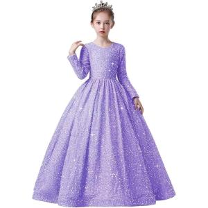 imageLong Sleeve Sequin Pageant Dress Sparkly Flower Girl Dresses for Wedding Prom Kids Princess Ball GownLavender