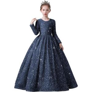 imageLong Sleeve Sequin Pageant Dress Sparkly Flower Girl Dresses for Wedding Prom Kids Princess Ball GownNavy Blue