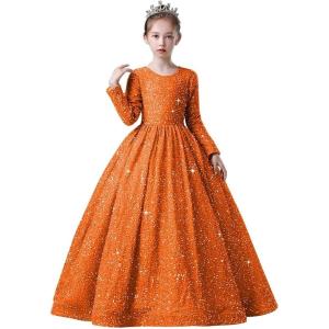 imageLong Sleeve Sequin Pageant Dress Sparkly Flower Girl Dresses for Wedding Prom Kids Princess Ball GownOrange